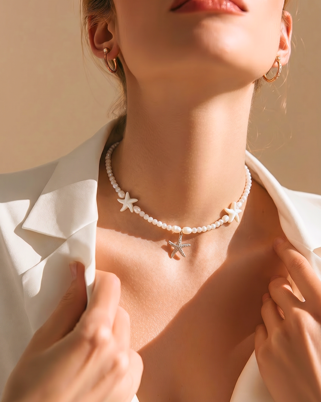 Perlen-Halskette “Ocean Star” – Boho Muschel Choker mit Seestern-Charm, Süßwasserperlen & Naturmaterialien | Ibiza Beach Style